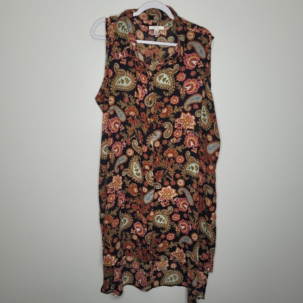 Vintage spense black tan orange paisley print button front witchy boho top 2x